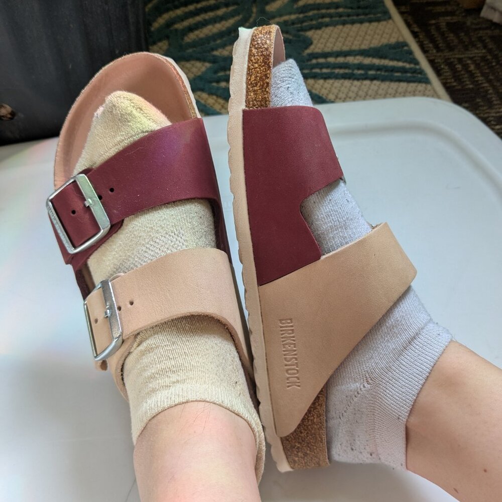Birkenstock Two-Tone Adjustable Buckle Sandals in Burgundy and Beige - Picture 2 of 13